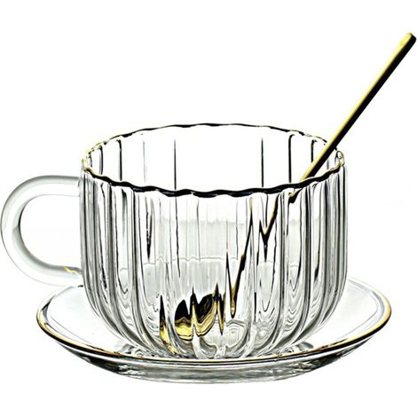 taza de vidrio de 400 ml, resistente al calor y al frío, con platillo y cuchara, para cocina u oficina. (1/5)