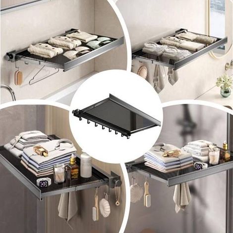 Disponible en une seule couleur : noir. Matériau : alliage d’aluminium. Porte-serviettes télescopique pliable et escamotable pour salle de bain, fixation murale, sans ouverture.
