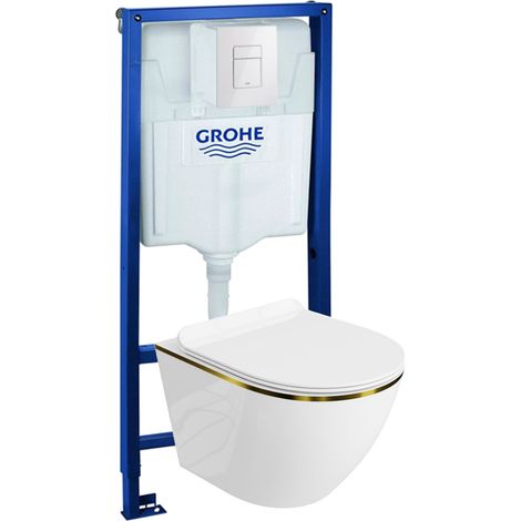 GROHE Bâti-support Solido + Lavita WC Sofi Slim Gold Line suspendu blanc/or sans bord + panneau de commande Delta 25 blanc  Kit complet