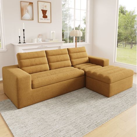 Canapé d’angle modulable 253x161x89 cm orange avec ottoman, tissu chenille, 4-5 places MEUBLIV (1/5)