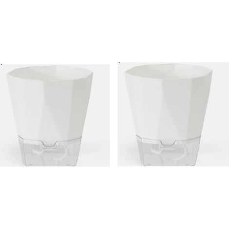 Macetas de plástico de 2 piezas, 17 cm, con sistema de autorriego, orificios de drenaje y depósito de agua extraíble, color blanco. (1/5)