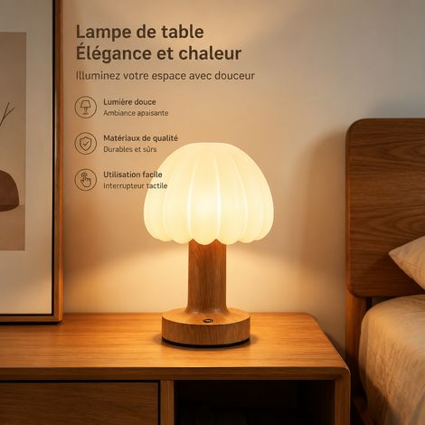 Lampe de table LED fleur bourgeon rechargeable couleur grain de bois réf 7850 300 g – Livraison gratuite