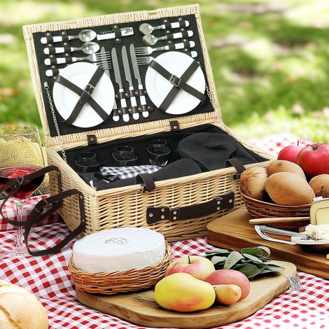 Panier de pique-en bois de saule - service de couverts en bois naturel - valise de pique-pour 4 personnes avec compartiment glacière isolant