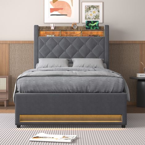 Letto 90x190 cm Imbottito Multifunzionale con USB e LED, Ampia Struttura a Doghe, Spazio Sotto il Letto, Velluto Grigio - Design Moderno (1/5)