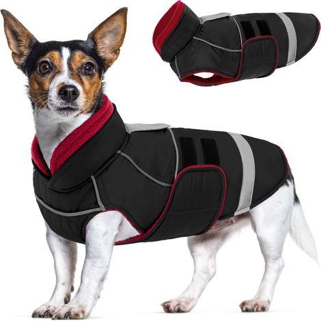 Manteau d'hiver imperméable pour chien Veste polaire chaude réfléchissante avec fermeture Velcro et trou de laisse pour petits moyens et grands chiens Noir et Rouge (1/5)