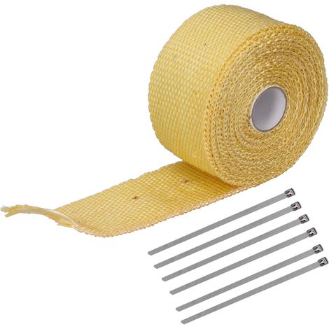 Ruban d'isolation thermique 5m en fibre de verre et acier allié, avec 6 attaches en acier, pour tuyaux d'échappement auto et moto, jaune. (1/5)