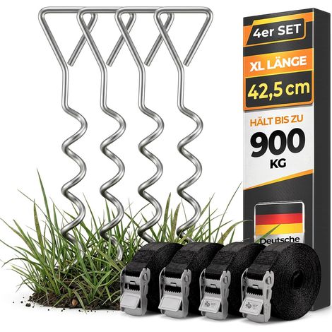 Piquets d'ancrage spiralés avec sangles de serrage réglables, kit fixation résistance 900kg en acier inoxydable, ancrage pour trampoline, tente, balançoire et structure extérieure (1/4)