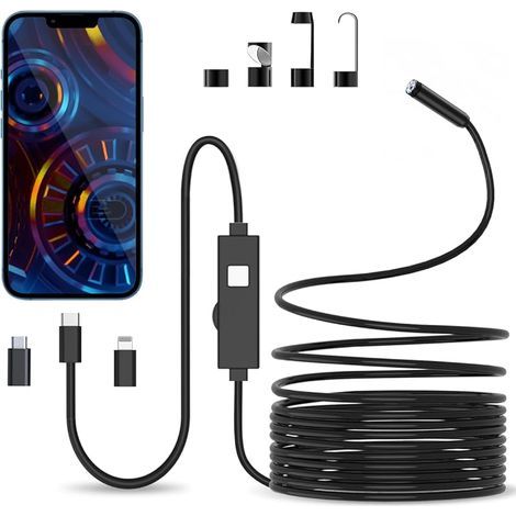 Endoscope Caméra Endoscopique 5M - 1080P HD 3 en 1 USB Endoscope Camera d'inspection, Câble Semi Rigide, IP67 Étanche avec 8 Lumières LED Sonde de 7,9 mm pour Android, iPhone(No WiFi) (1/5)