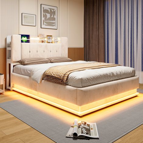 Lit double rembourré 140 x 200 cm - coffre de rangement hydraulique - éclairage led - port usb - structure rembourrée - beige (1/5)