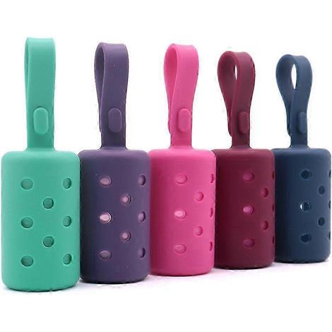 Lot de 5 porte-sacs à déjections canines, crochet pratique pour les sacs usagés, sangle en silicone compatible avec toutes les laisses, grande ouverture pour une distribution facile. (1/4)