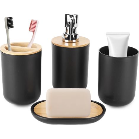 Ensemble Salle de Bain Bambou Distributeur Brosse, 4 Pièces (1/5)
