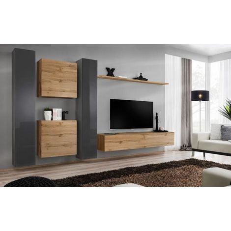 Ensemble mural - Switch VI - 2 vitrines verticales - 1 vitrine carrée - 1 banc TV - 1 étagère - Bois et graphite - Modèle 2 - Livraison gratuite