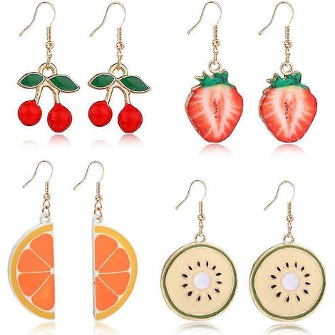 Heyone Lot de 4 paires de boucles d'oreilles pendantes créatives et mignonnes en forme de fruits assortis (cerise, fraise, pastèque) pour femmes et filles (1/5)