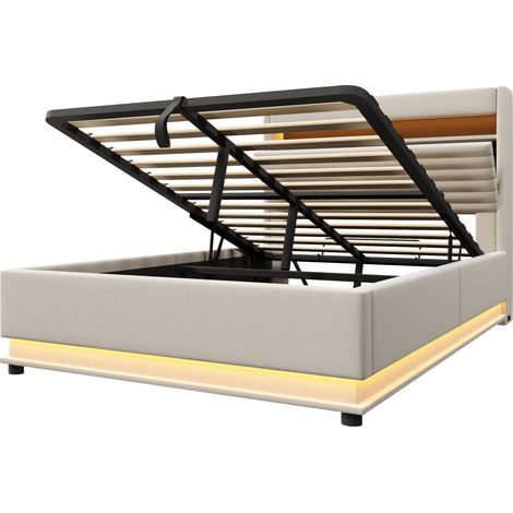 Cama arcón tapizada 140x200 cm con LED USB-C y almacenamiento hidráulico en lino beige (1/5)