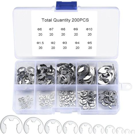 200 E-Clips Anneau de Retenue Externe Snap, Kit de Assortiment Anneau de Circlips Interne Acier Inoxydable - 1.5/2/3/4/5/6/7/8/9/10 mm (1/5)