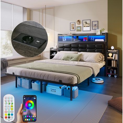 Letto matrimoniale 140x190 cm grigio, LED, USB/USB-C, metallo, senza materasso MEUBLIV (1/5)