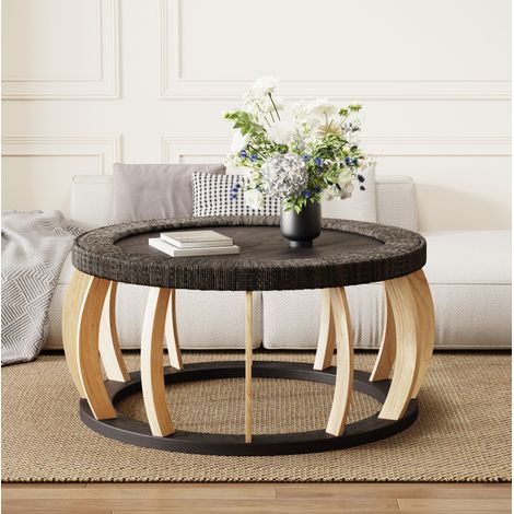Mesa de centro redonda de madera maciza y MDF negro marrón, 90 cm (1/5)