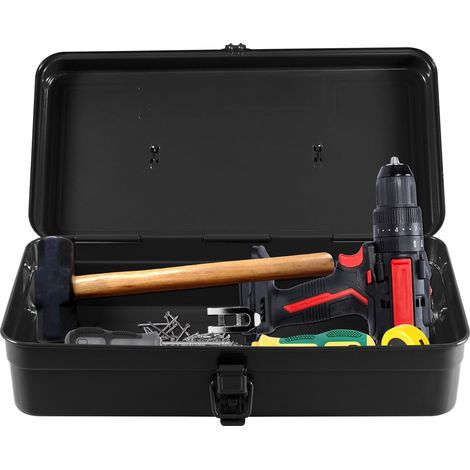 Petite boîte à outils en fer avec couvercles, boîte à outils multifonction avec fermeture à loquet en métal et poignée, kit de réparation en fer pour garage, pêche, jardinage (noir) (1/5)