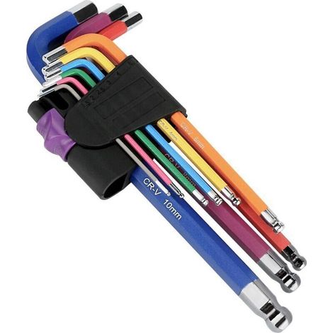 Set De Clés Allen Hexagonales De 9Pcs Multicolores À Tête Bombée Hexagonale. Clé Hexagonale Professionnelle À Bout À Bille Avec Code Couleur (1.5 Mm À 10 Mm) Petite Et Compacte Avec Support (1/5)