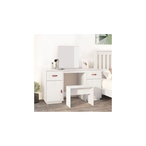 Ensemble de coiffeuse avec miroir Blanc Bois de pin solide (1/5)