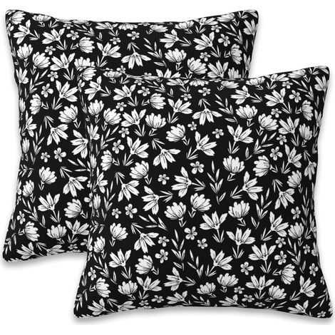 Funda de almohada con estampado floral, 20x20 pulgadas, juego de 2 piezas, diseño retro en blanco y negro, compatible con rellenos de almohada cuadrados estándar.