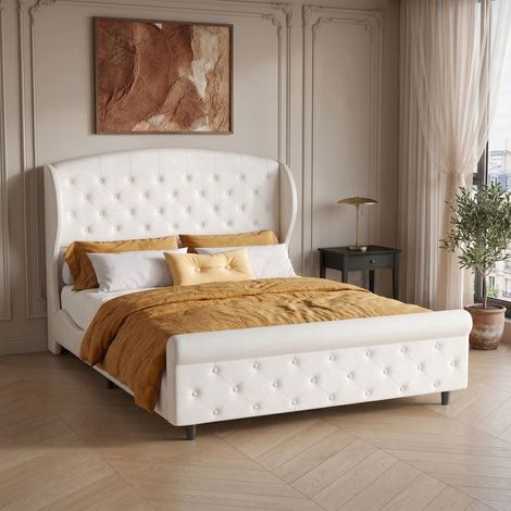 Lit double 140x200 cm - Avec Sommier à lattes et Tête de lit haute - Style Scandinave - velours blanc (1/5)