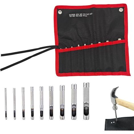 9 Pièces Emporte-Pièces en Acier pour Cuir, Poinçon Creux Poinçons ronds Outil, Punch Trou en Cuir, pour la Fabrication de Bracelets de Montre, Ceintures, Chaussures, Tissu et Vêtements (1/5)