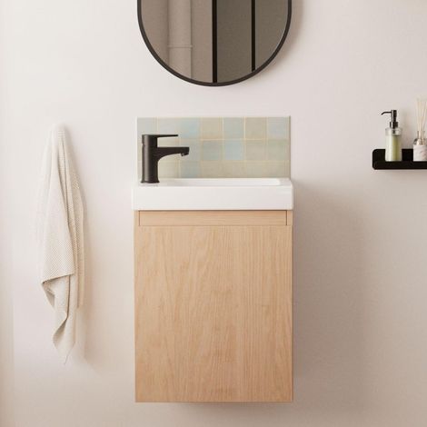 Mob-In – Meuble double vasque LISA – Vasque céramique réversible – Robinet noir mitigeur – Porte battante réversible avec charnières à fermeture progressive