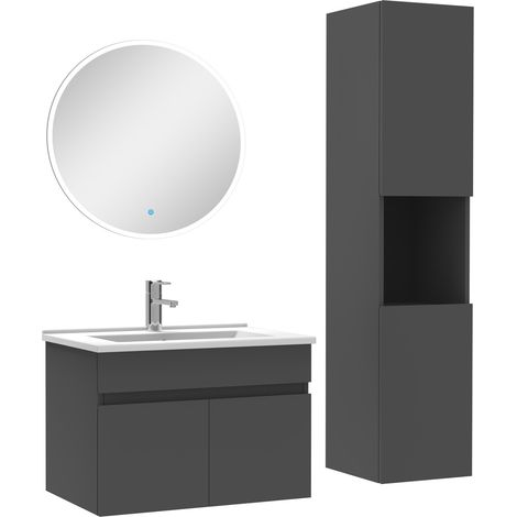 Ocean Ensemble Salle De Bain avec colonne et miroir rond 60cm meuble Anthracite