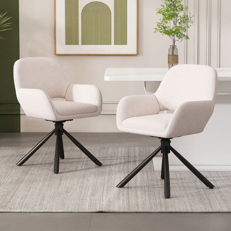 Lot de 2 chaises repas 60x80 cm en tissu bouclette blanc et métal noir (1/5)
