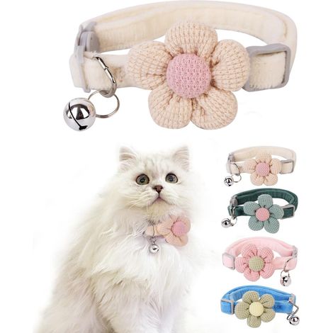 Cat Collar With Flower for Girls and Boys, Breakaway With Bells, Adjustable Kitten Collar, Cute (Beige, Breakaway) (1/5)