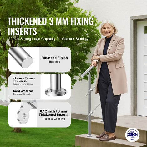Rambarde escalier extérieur 80 cm 2 barres acier inox 201 kit montage main courante double poteau pour personne âgée porche terrasse (1/5)