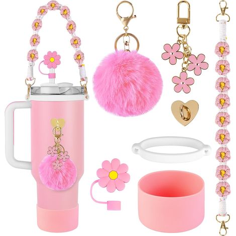 Ensemble de 7 accessoires pour tasse Stanley, bouteille d'eau décorative compatible avec tasse Stanley, comprend une botte en silicone, une poignée tissée bohème, une housse de paille, des (1/5)