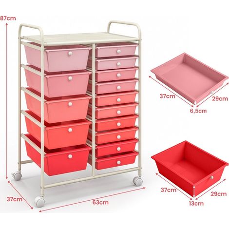 Carrello portaoggetti con ruote e 15 cassetti, rosa, 63x37x87 cm (1/5)