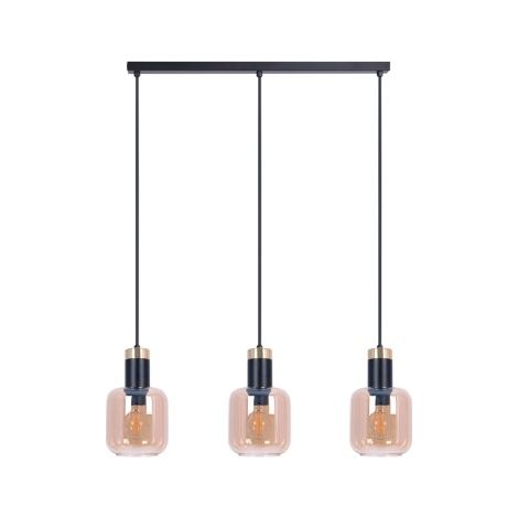 Suspension noire barre 65cm verre ambre DOKA 3xE27 Kaja