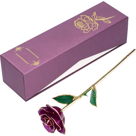Véritable rose violette trempée dans de l'or 24 carats, fleur stabilisée avec support, cadeau idéal pour la Saint-Valentin, un anniversaire ou un mariage. (1/5)