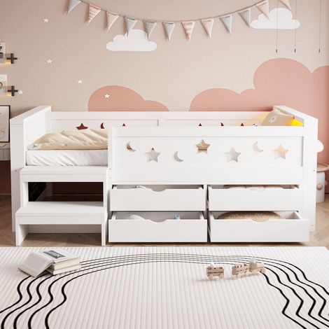 Lit superposé 90x200cm - bureau + led + usb + échelle coffre - bois - blanc (1/5)
