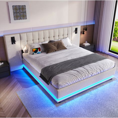 Cama doble tapizada dormitorio con LED USB foco beige OKMYHOME (1/5)