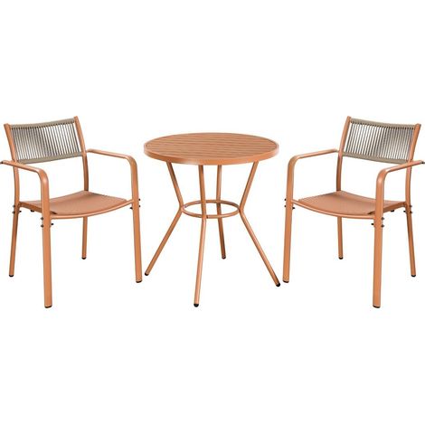 3 Piece Bistro Garden Set with 2 Rope Back Armchairs and Round Table - Plastic/Metal - L56 X W54 X H80 cm - Terracotta - Flat Packed
