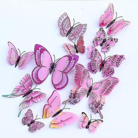Lot de 12 autocollants papillons 3D double couche, effet simulé, pour réfrigérateur (rose). (1/5)