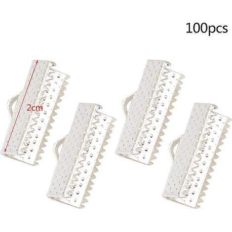 100 embouts de ruban plaqués argent de 2 cm, fermoirs métalliques texturés, embouts de cordon, boucles, clips de fermeture éclair, accessoires de bijoux DIY (argent) (1/5)
