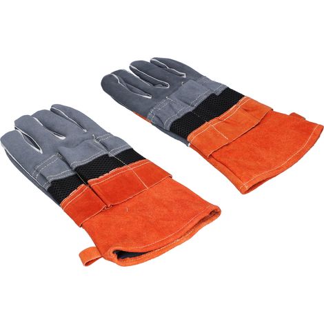 Gants en cuir de vachette résistants à la chaleur et aux flammes, gants de protection pour le camping, les grillades et l'utilisation au micro-ondes (orange) (1/5)