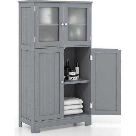 COSTWAY Bathroom Floor Cabinet Freestanding Storage Cupboard W/ 2 Tempered Glass Doors (1/5)