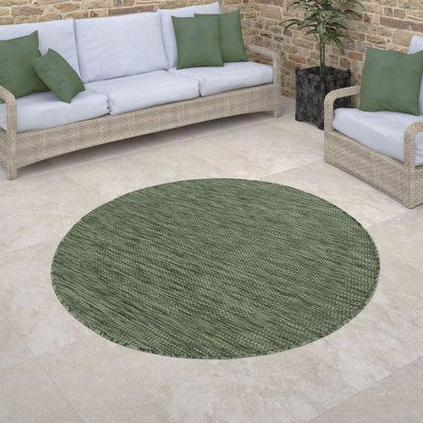 Paco Home Tapis Exterieur Rond Terrasse Balcon Cuisine Geometrique Moderne Rayures Bordure Vert, 120 cm rond (1/5)