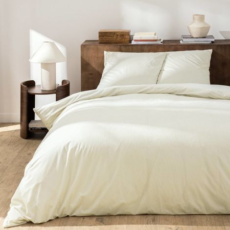 Housse de couette 240x220 + 2 taies velours côtelé beige ivoire (1/5)