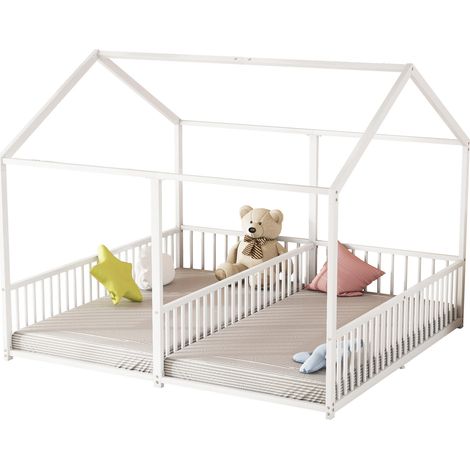 Lit superposé enfant 90x200 cm en métal, forme maison, barrière de sécurité, échelle, sans matelas, blanc, pour deux enfants  CHICFURN (1/5)