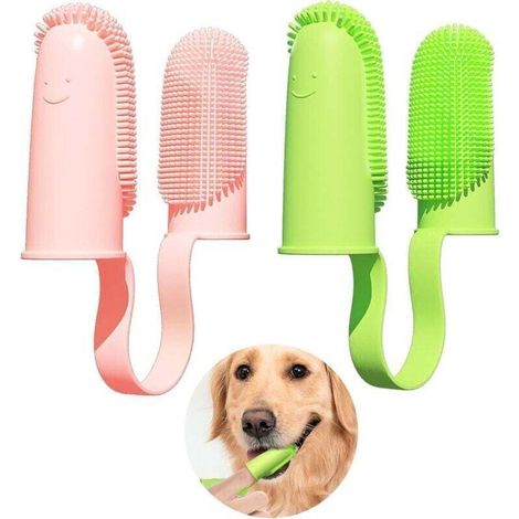 Cepillo de dientes para perros, juego de 2, cerdas envolventes de 135°, para limpiar los dientes de los perros, cepillo de dientes para cachorros, gatos y perros pequeños (rosa y verde)