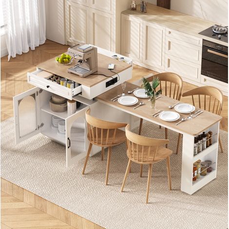 Mesa de cocina extensible (128200x71x92 cm), con iluminación LED, estación de carga USB Type C, MDF y vidrio blanco (1/5)