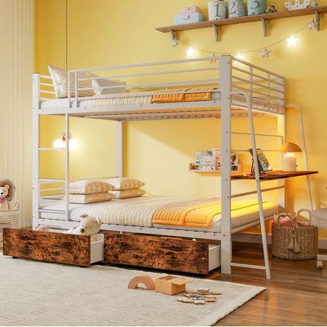 Metall-Etagenbett 140 x 200 cm mit Schreibtisch, LED-Leiste, Steckdose und 2 Schubladen Weiß (1/5)