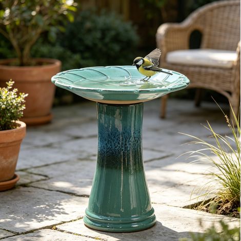 Bagno per uccelli Ø43x45 cm in ceramica turchese con piedistallo per giardino e terrazza FloraGrace (1/5)
